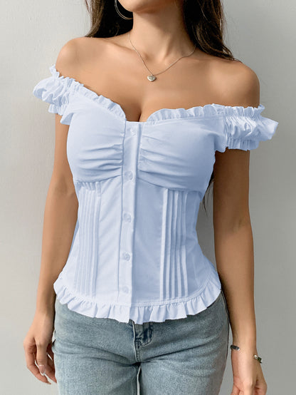 Off-Shoulder Ruffle Top - Button-Front Pleated Blouse