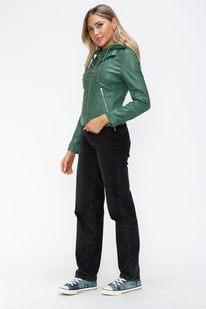 Sage Faux Leather Zip Up Drawstring Hooded Jacket