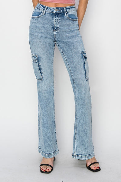 RISEN Full Size High Rise Cargo Flare Jeans - Fashions Envy