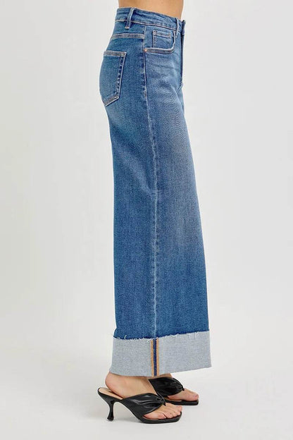 RISEN Full Size Tummy Control High Rise Crop Wide Cuffed Jeans Plus Size - Fashions Envy