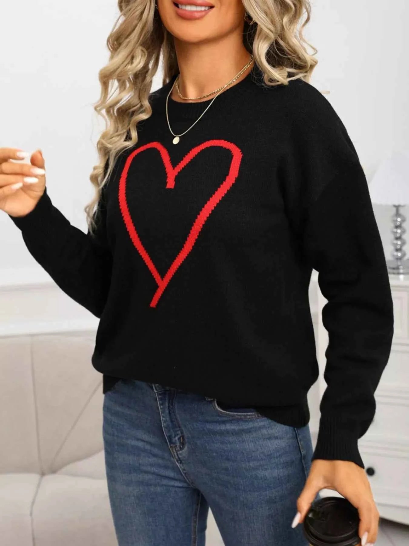 Valentine's Day Heart Graphic Dropped Shoulder Sweater - Fashions Envy