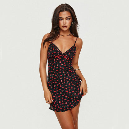 Y2K Halter Mini Dress - Rose Print Bow-Knot Style