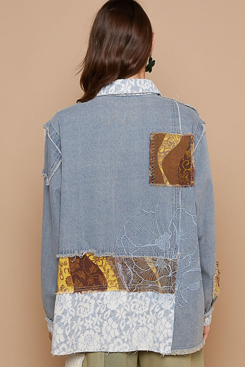 Denim Multi Raw Hem Twill Contrast Button Up Shacket