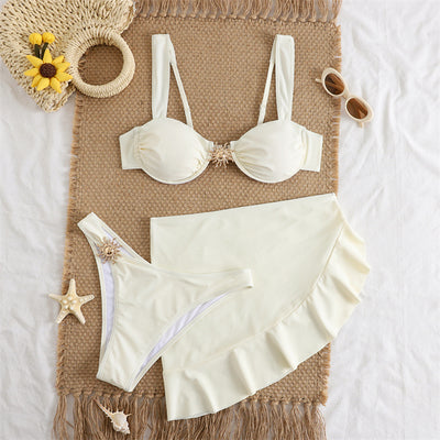 Underwire Bikini Set with Ruffle Sarong Skirt - 3-Piece Swimsuit