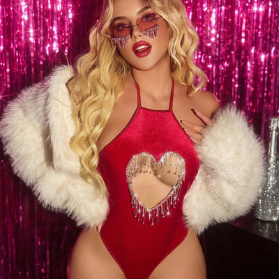 Velvet Bodysuit Lingerie - Halter Neck Cutout Style - Fashions Envy
