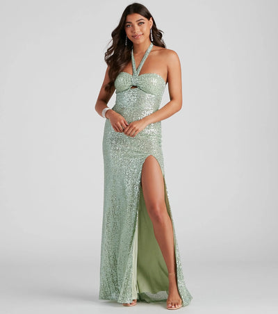 Sequin Evening Dress - Halter Neck Slim Fit Gown - Fashions Envy
