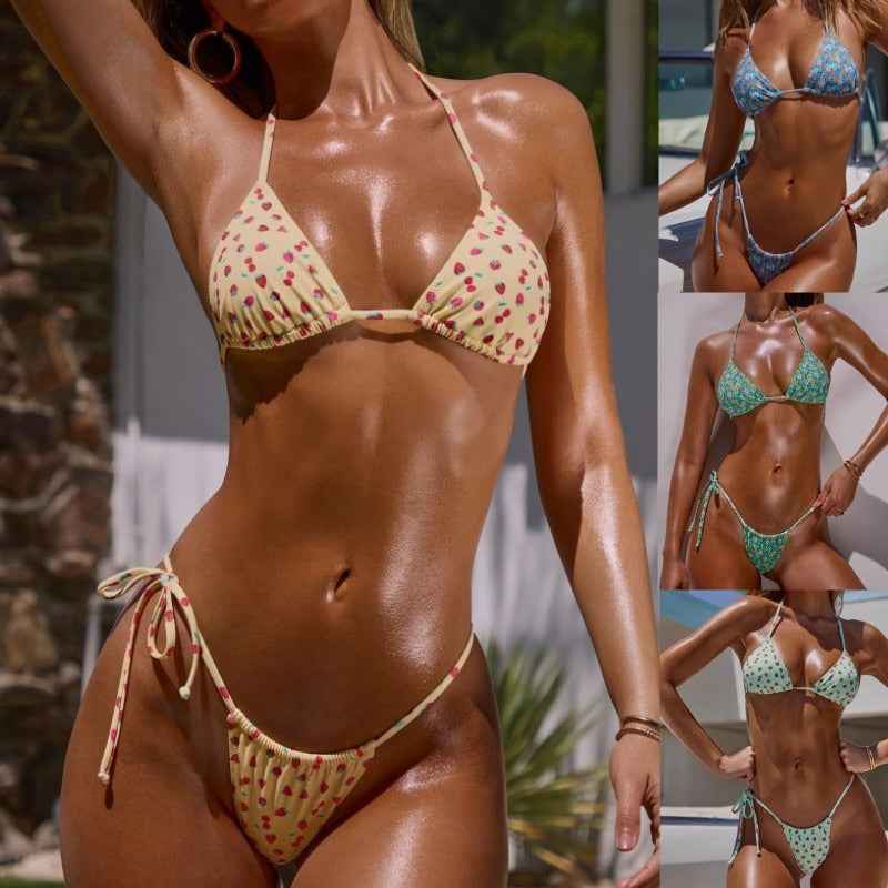 Printed Triangle Bikini Set - String Tie Two-Piece Swimsuit