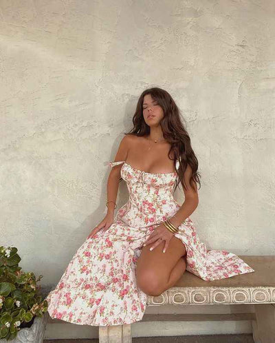 Corset Lace-Up Back Midi Dress - Wide Strap Side Slit