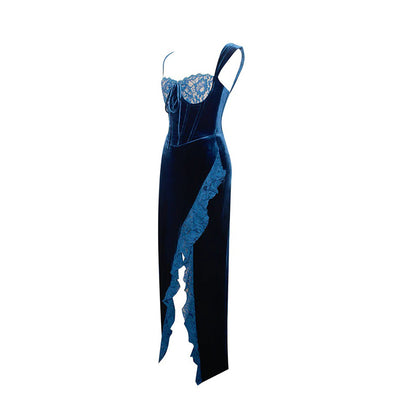Velvet Evening Dress - Lace High Slit Fitted - Fashions Envy