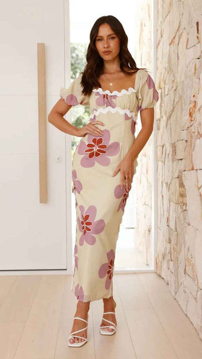 Floral Print Midi Dress - Short Sleeve Front Slit Style