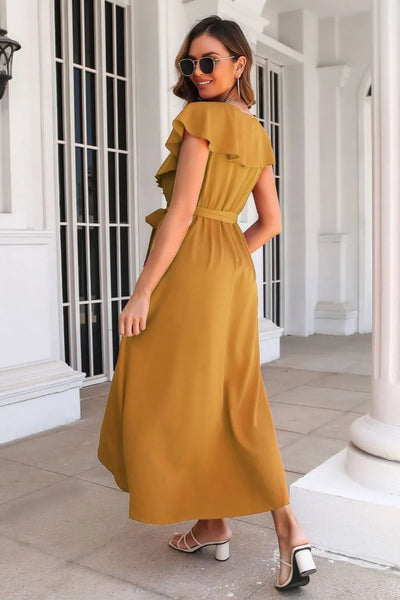 Tied Front Midi Dress - Ruffle Short Sleeve Slit Hem
