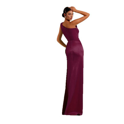 Satin Evening Dress - Formal Slit One Shoulder - Fashions Envy