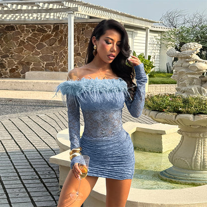 Off Shoulder Lace Dress - Blue Bodycon Mini - Fashions Envy