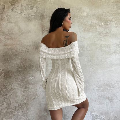 Off Shoulder Backless Lace Dress - Long Sleeve Mini Apricot - Fashions Envy