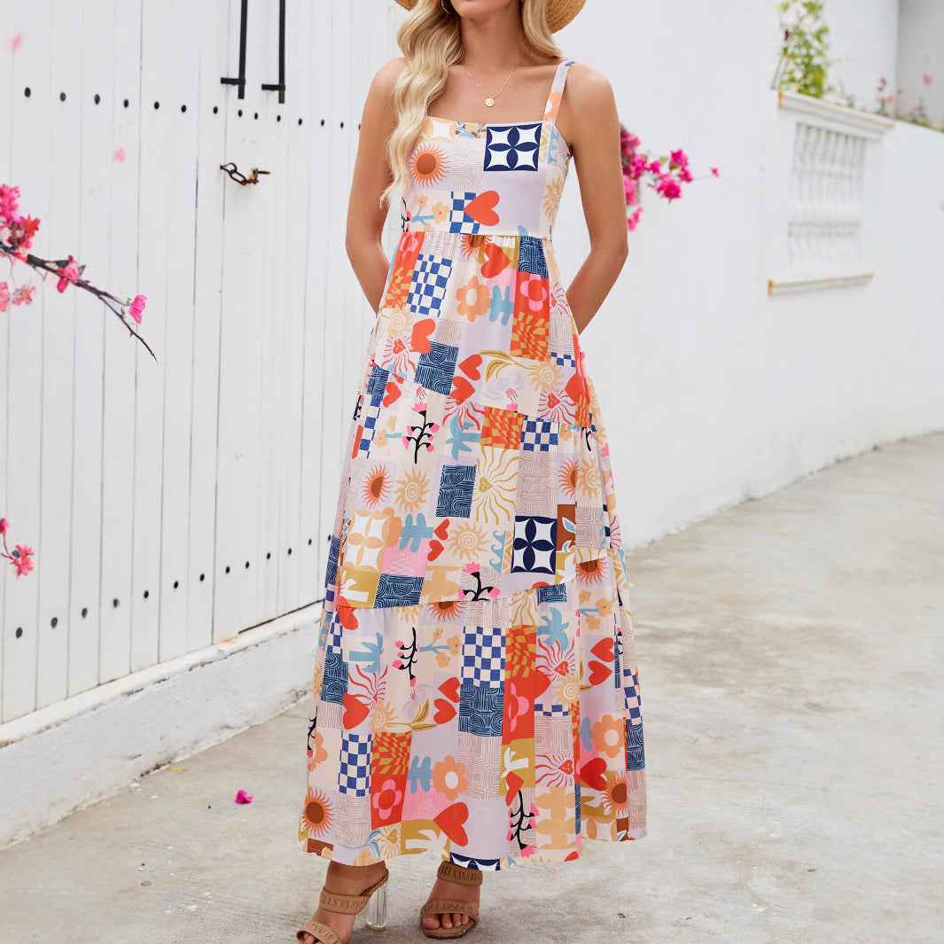 Floral Print Bohemian Maxi Dress - Square Neck Beach Vacation