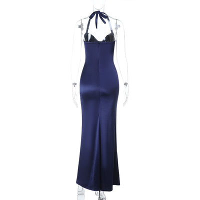 Satin Maxi Dress - Halter Neck Slit Dark Blue - Fashions Envy