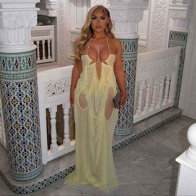 Summer New Vacation Fashion Sexy Mesh Sheer Low-Cut Halter Dress for Women