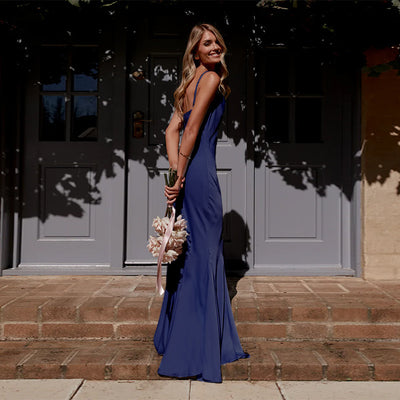 Satin Evening Dress - Backless Halter Maxi - Fashions Envy