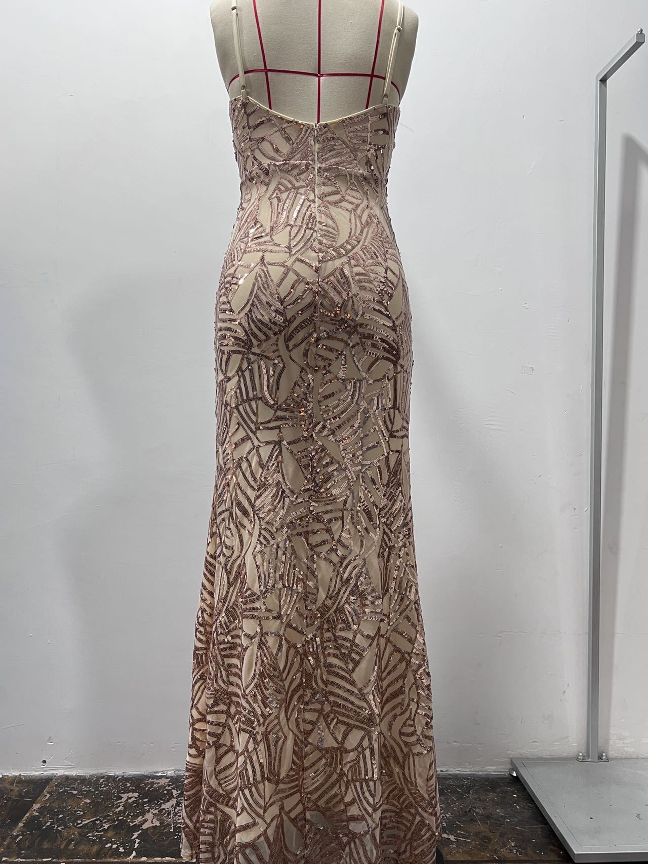 Spaghetti Strap Sequin Prom Gown - Deep V Maxi Slit Dress