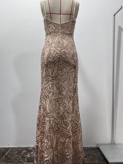 Spaghetti Strap Sequin Prom Gown - Deep V Maxi Slit Dress