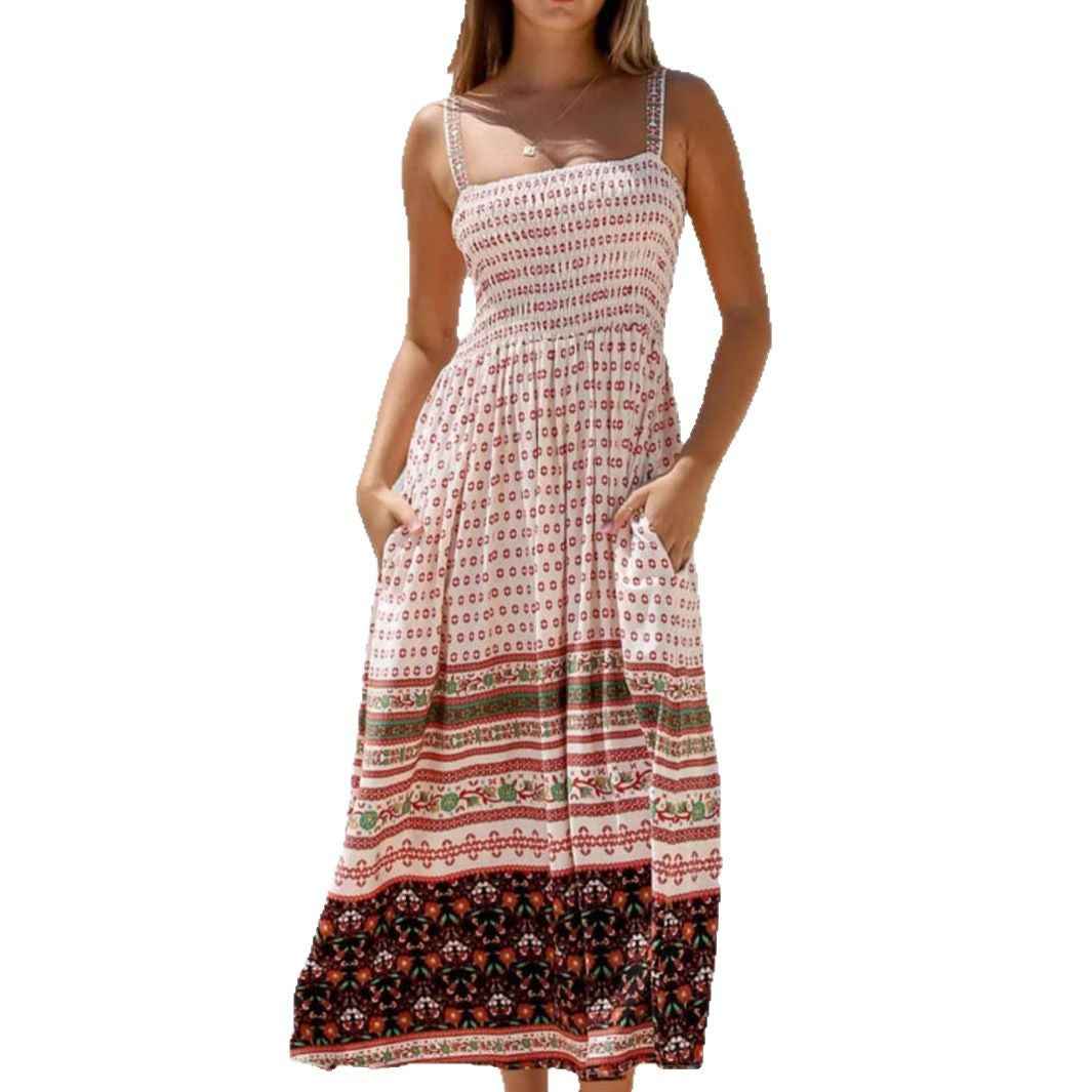 White Printed Midi Dress - Square Neck Sleeveless with Pockets