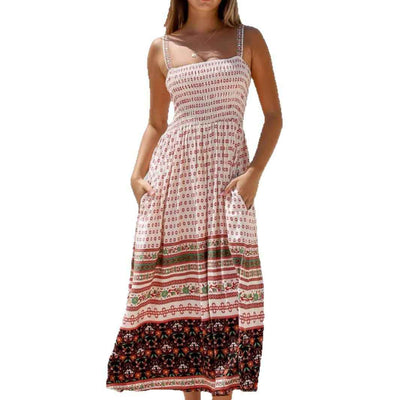 White Printed Midi Dress - Square Neck Sleeveless with Pockets