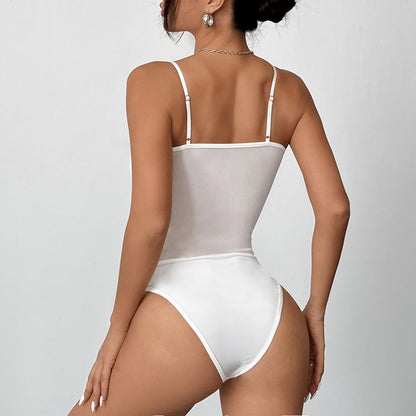 Lace Bow Bodysuit - Sleeveless High Waist Cropped Style