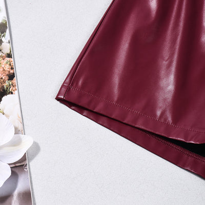 Leather Shorts - Burgundy Low Waist Strap Detail Party