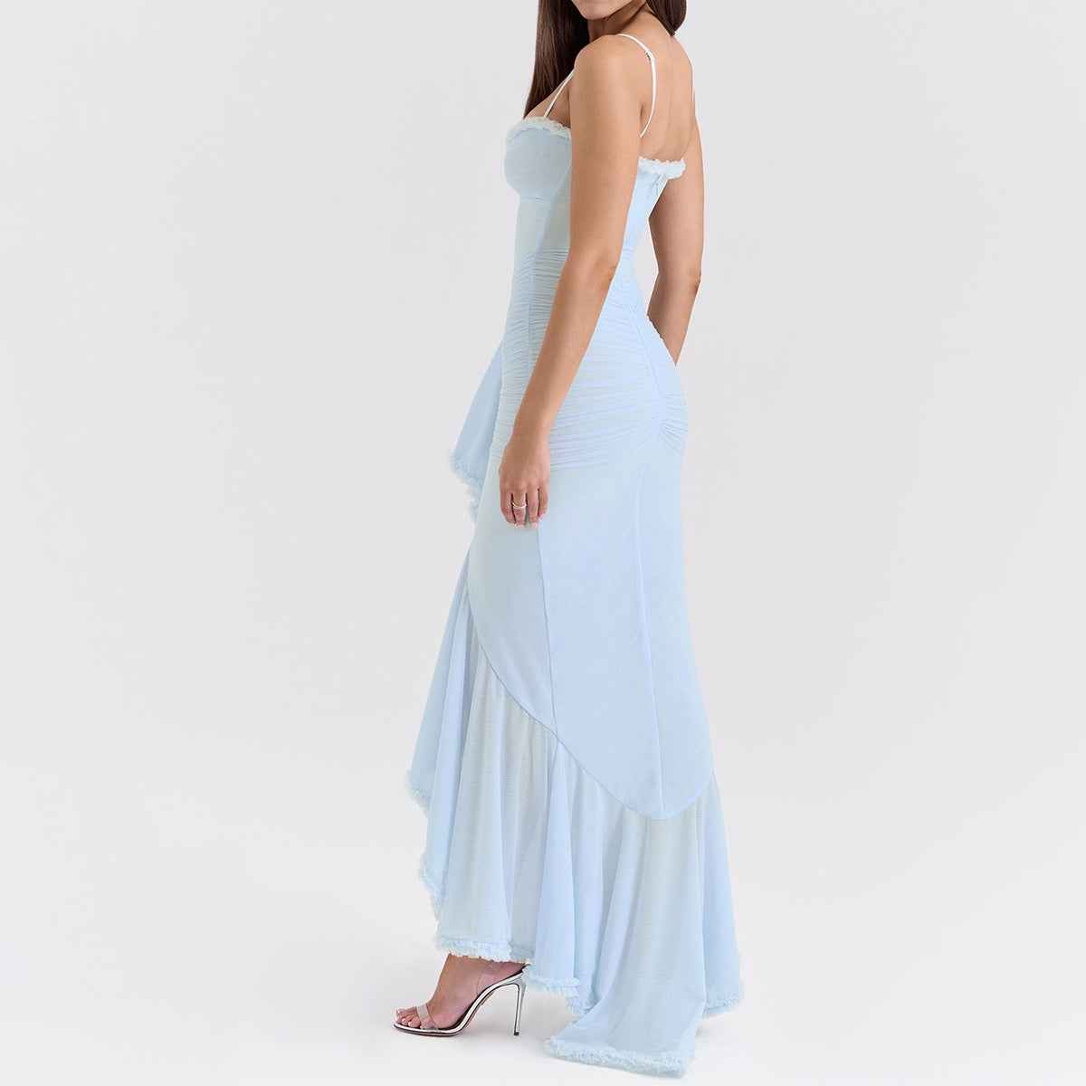 Spaghetti Strap Mesh Maxi Dress - Layered Irregular Hem