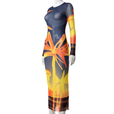 Mesh Maxi Dress - Sheer Long Sleeve Bodycon Dress
