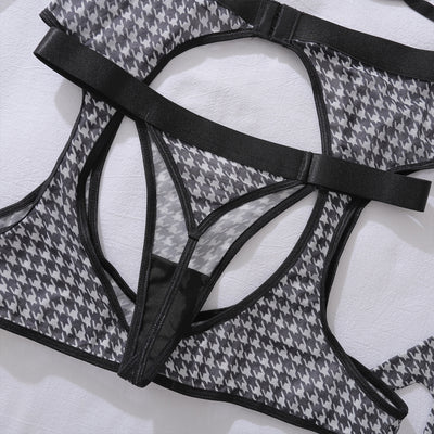 Black Lingerie Set - Four Piece Bra Garter Belt Stockings