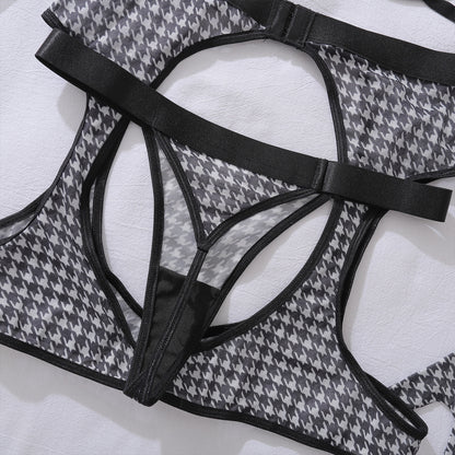 Black Lingerie Set - Four Piece Bra Garter Belt Stockings