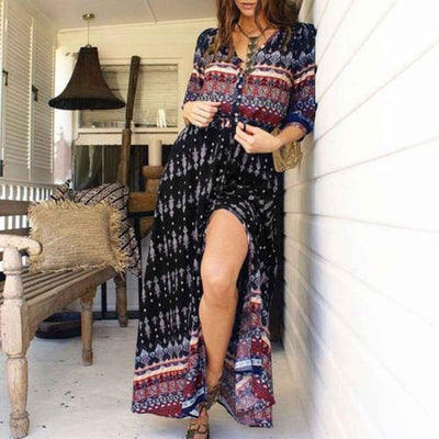 Boho V-Neck Maxi Dress - Long Sleeve Flowy Print