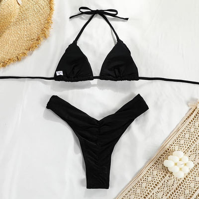 Pleated Bikini Set Two Piece - Ruched Triangle Swimsuit