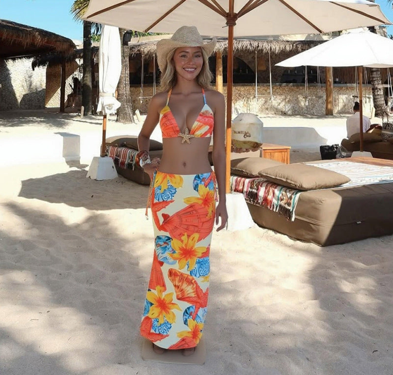 Three Piece Bikini Set - Tie Print Cover Up Beach - Fashions Envy