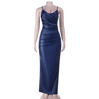 Navy Blue Maxi Dress - One Shoulder Split Hip Gown