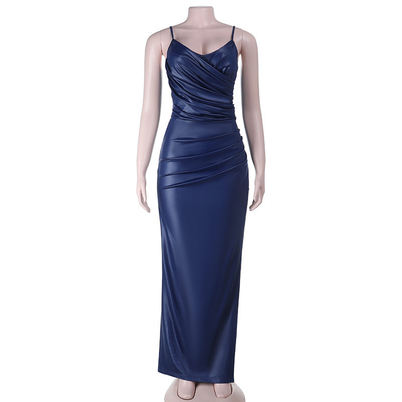 Navy Blue Maxi Dress - One Shoulder Split Hip Gown