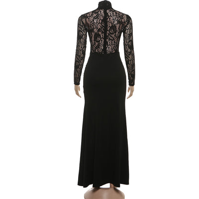 High Neck Lace Maxi Dress - Long Sleeve Black - Fashions Envy