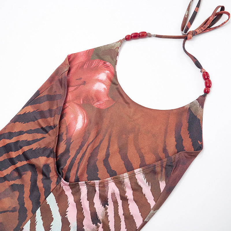 Beaded Halter Romper - Printed Sleeveless Party Style