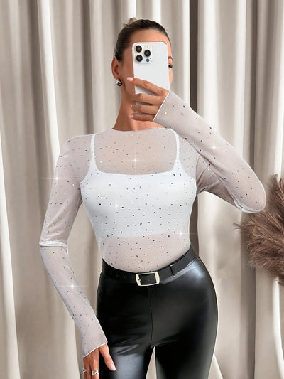 Transparent Mesh Top - Rhinestone Long Sleeve Stand Collar