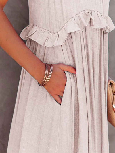 Smocked Tiered Ruffle Maxi Dress - Sleeveless with Pockets