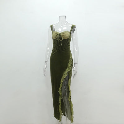 Velvet Evening Dress - Lace High Slit Fitted - Fashions Envy