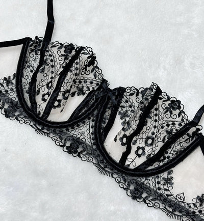 Floral Embroidery Mesh Lingerie Set - Sheer Patchwork - Fashions Envy