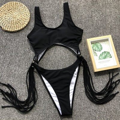 Cutout Monokini Swimsuit - Tassel Detail Halter - Fashions Envy