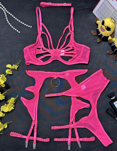 Mesh Lingerie Set - 3 Piece Body Shaping Underwire - Fashions Envy