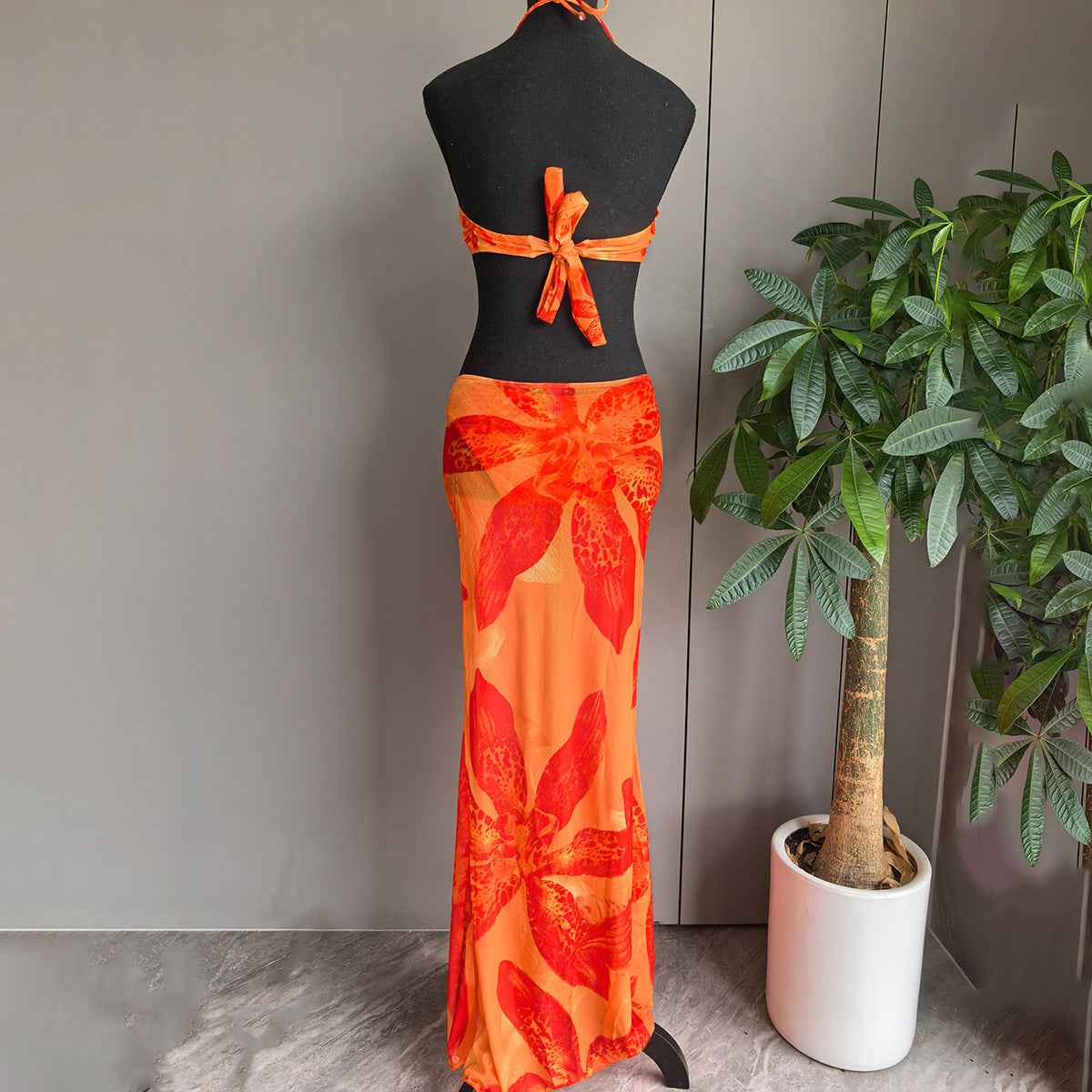 Orange Print Bikini Set - Tie Strap Triangle Two-Piece Swimsuit