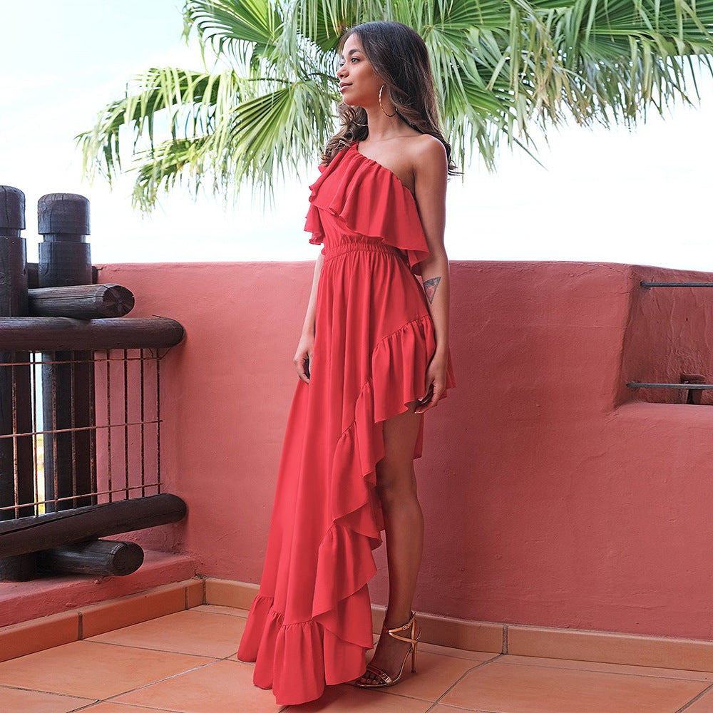 Sloping Shoulder Ruffle Prom Dress - Romantic Maxi Gown