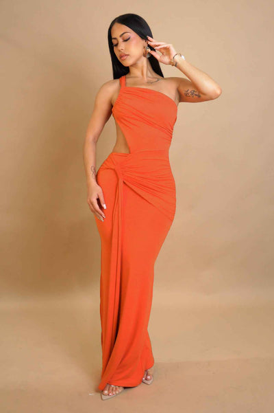 One Shoulder Cutout Maxi Dress - Pleated Bodycon Fit