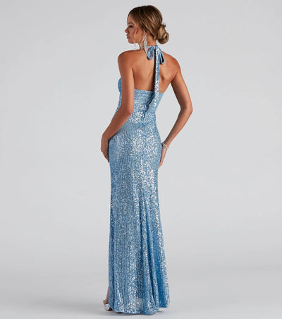 Sequin Evening Dress - Halter Neck Slim Fit Gown - Fashions Envy