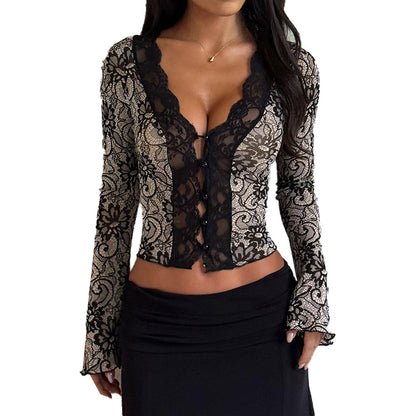 Deep V-Neck Lace Top - Black Long Sleeve Slim Fit - Fashions Envy